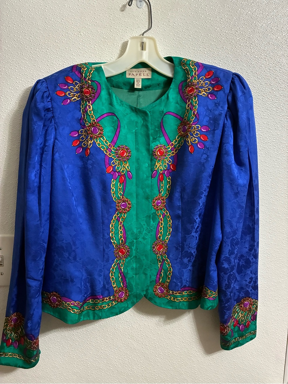 Vintage Adriana Papell Jewel Tone Scarf Print Silk Jacket size 12